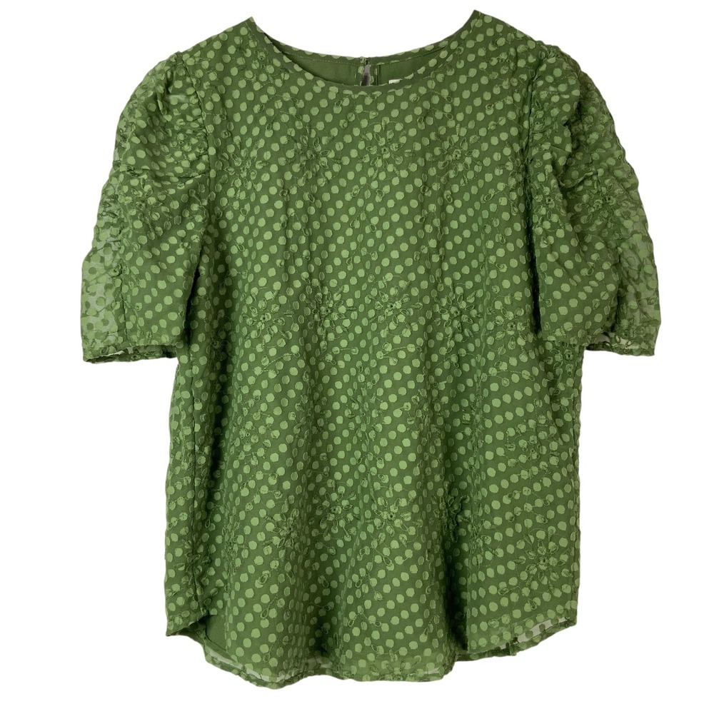 LOFT Green Polka Dot Blouse M Button Crew Neck Short Puff Sleeve Embroidered